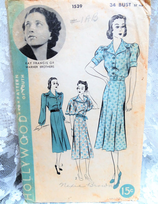 1930s CHIC Dress Pattern HOLLYWOOD 1539 Featuring Kay Francis of Warner Brothers 3 Lovely Versions Bust 34 Vintage Sewing Pattern