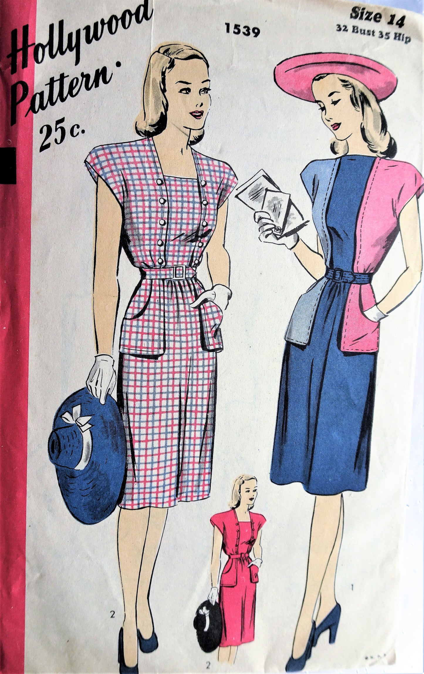 1940s Vintage LOVELY Dress with High or Square Neckline and Large Pockets Hollywood Pattern 1539 Bust 32