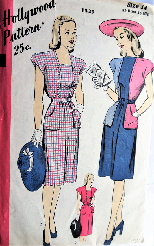 1940s Vintage LOVELY Dress with High or Square Neckline and Large Pockets Hollywood Pattern 1539 Bust 32