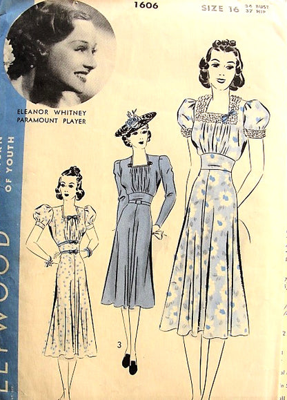1930s BEAUTIFUL Dress Pattern HOLLYWOOD 1606 Square Neckline Two Pretty Sleeve Styles, Shaped Midriff Day or Party Dress Bust  34 Vintage Sewing Pattern