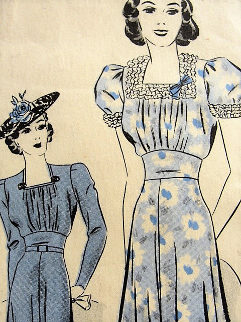 1930s BEAUTIFUL Dress Pattern HOLLYWOOD 1606 Square Neckline Two Pretty Sleeve Styles, Shaped Midriff Day or Party Dress Bust  34 Vintage Sewing Pattern