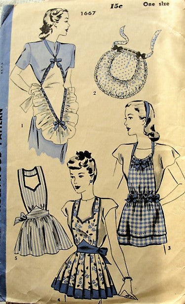 1940s BEAUTIFUL Hostess,Tea and Kitchen Aprons Pattern HOLLYWOOD 1667 Five Lovely Styles Full Bib and Half Aprons Vintage Sewing Pattern