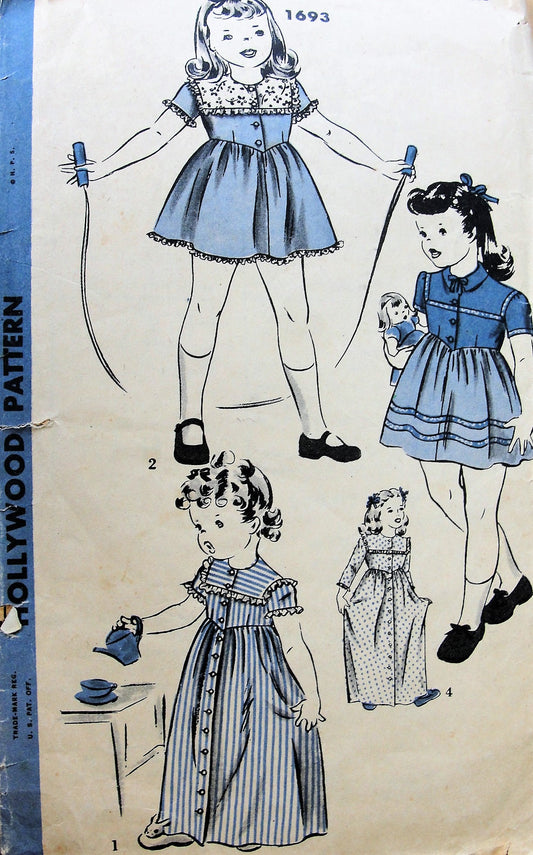 1940s  CUTE Little Girls Dress or Housecoat Pattern HOLLYWOOD 1693 4 Sweet Versions Childrens Size 6  Vintage Sewing Pattern