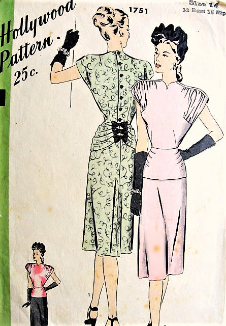 1940s GORGEOUS Dress With Adrian Style Sleeves and Draped Peplum Pattern HOLLYWOOD 1751 Two Beautiful Style Versions Daytime or Evening Cocktail Party Bust 32 Vintage Sewing Pattern