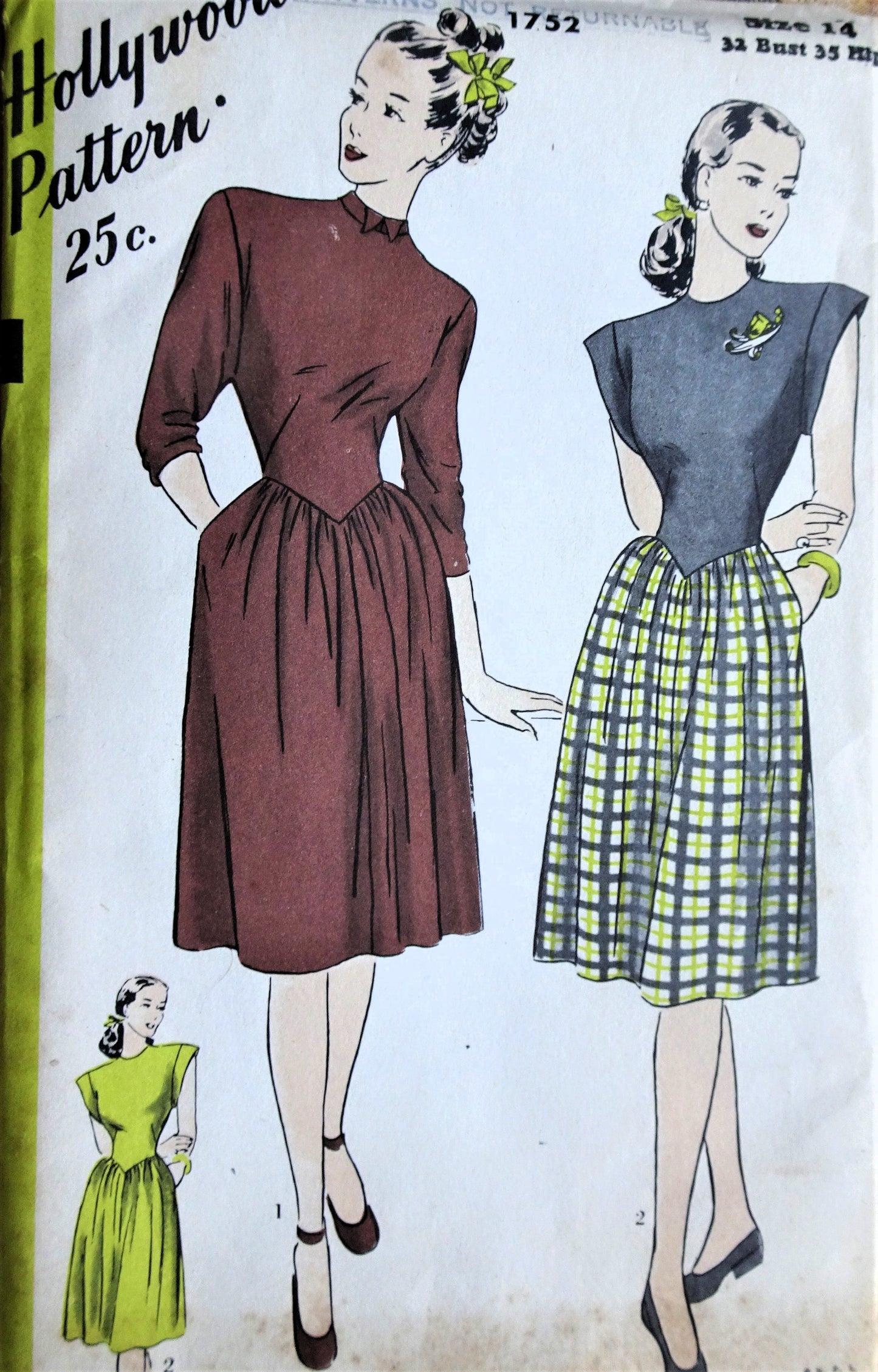 1940s CUTE Dress Pattern HOLLYWOOD 1752 Bust 32 Factory Folded, Vintage Sewing Pattern