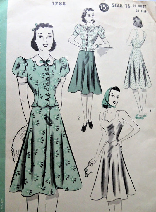 Late 1930s  FABULOUS Sun Dress and Jacket Pattern HOLLYWOOD 1788 Beautiful Frock Dress and Jacket Figure flattering design Bust 36 Vintage Sewing Pattern