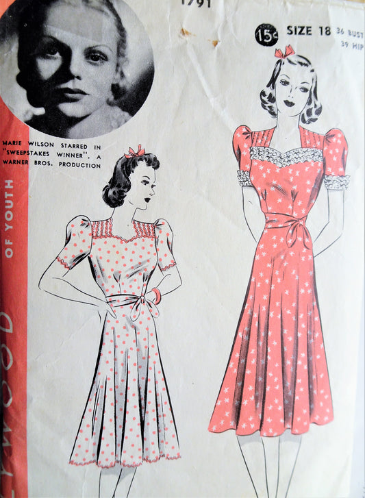 1930s Vintage PRETTY Belted Dress with Puffed Sleeves Hollywood Pattern 1791 Actress Marie Wilson Sewing Pattern Bust 36