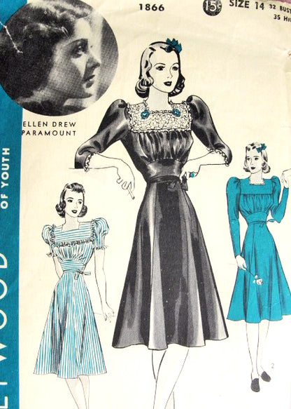 1940s LOVELY Day or Party Dress Pattern HOLLYWOOD 1866 Featuring Starlet Ellen Drew Bust 32 Vintage Sewing Pattern