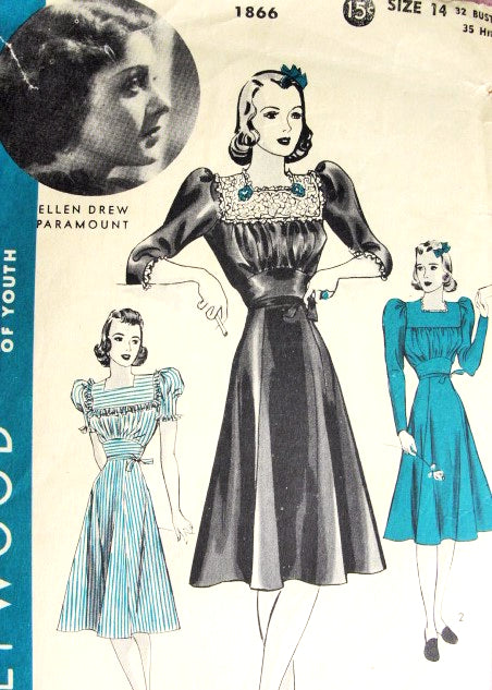 1940s LOVELY Day or Party Dress Pattern HOLLYWOOD 1866 Featuring Starlet Ellen Drew Bust 32 Vintage Sewing Pattern