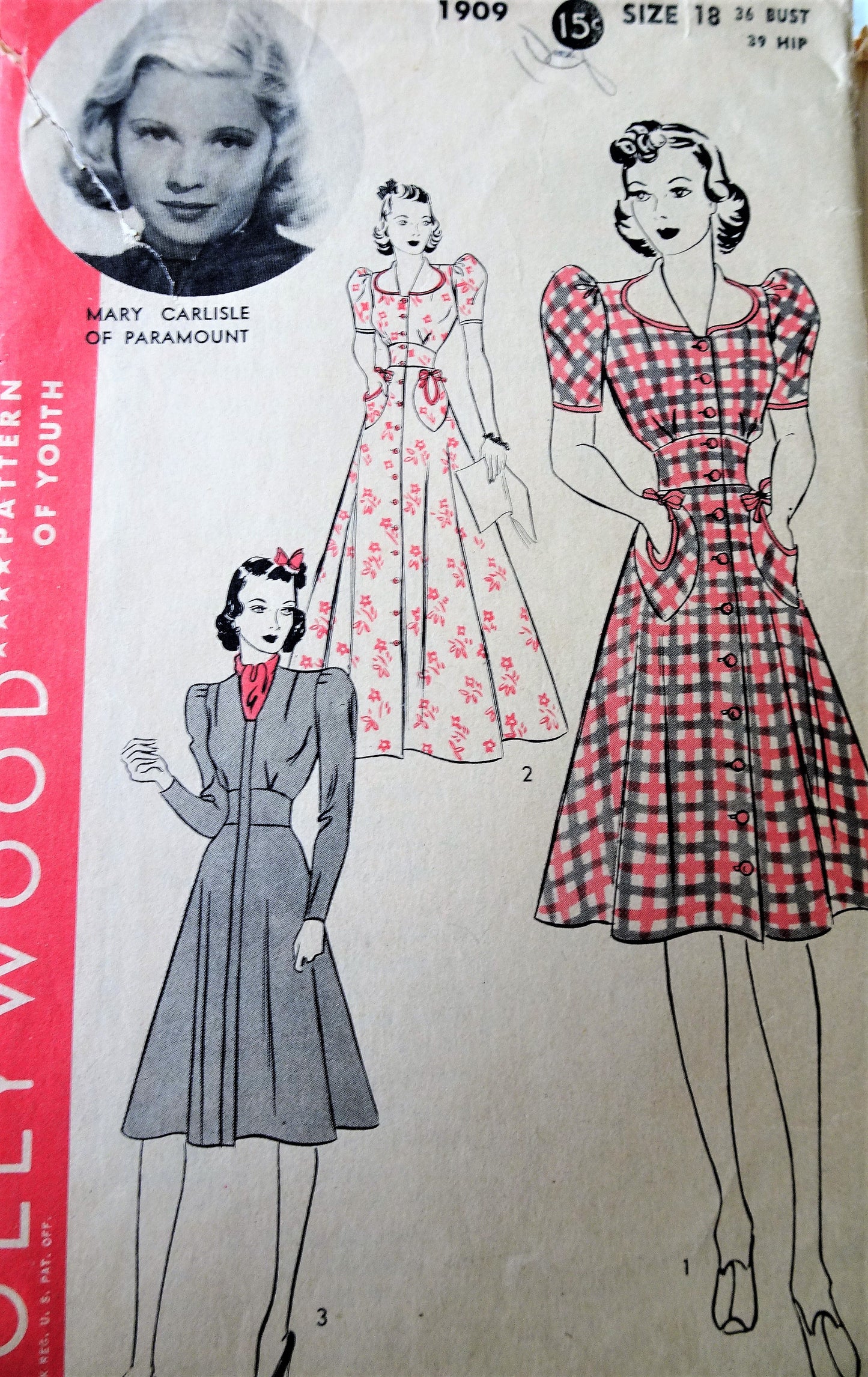 1930s LOVELY Dress or Glam House Coat Robe Pattern HOLLYWOOD 1909,Features Paramount Starlet Mary Carlisle, Bust 36 Vintage Sewing Pattern