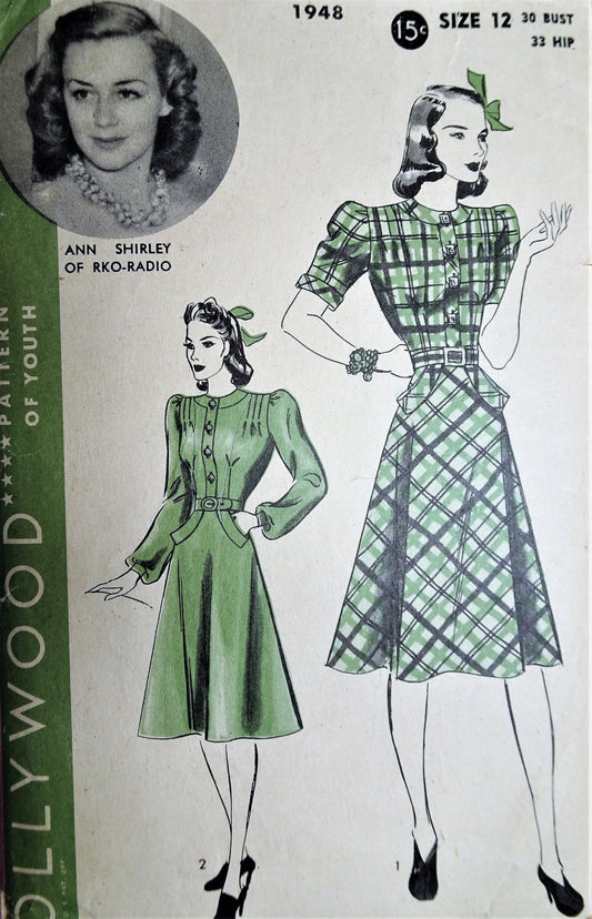 1940 FAB Circular Skirt Dress Pattern HOLLYWOOD 1948 Features RKO Starlet Ann Shirley Bust 30 Vintage Sewing Pattern