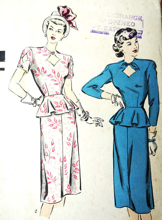 1940s FABULOUS Flared Peplum Dress Pattern HOLLYWOOD 1989 Lovely Key Hole Neckline, Day or Evening Dress, Bust 34 Vintage Sewing Pattern