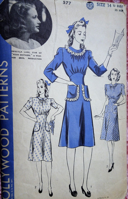 1940s  PRETTY Dress Pattern HOLLYWOOD 577 Features Starlet Priscilla Lane of Warner Bros Shaped Midriff Dress, Bust 32 Vintage Sewing Pattern