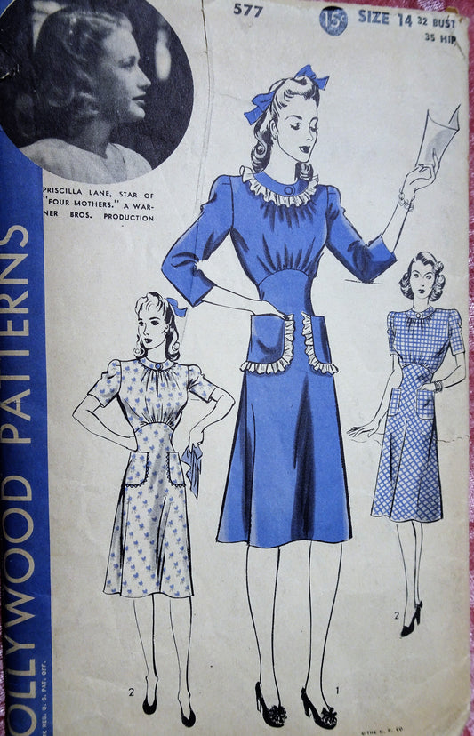 1940s  PRETTY Dress Pattern HOLLYWOOD 577 Features Starlet Priscilla Lane of Warner Bros Shaped Midriff Dress, Bust 32 Vintage Sewing Pattern