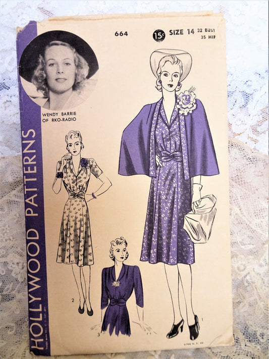 FABULOUS 40s Dress and Cape Pattern HOLLYWOOD 664 Starlet Wendy Barrie Smart V Neck Dress Tuxedo Fold Cape Bust 32 Vintage Sewing Pattern