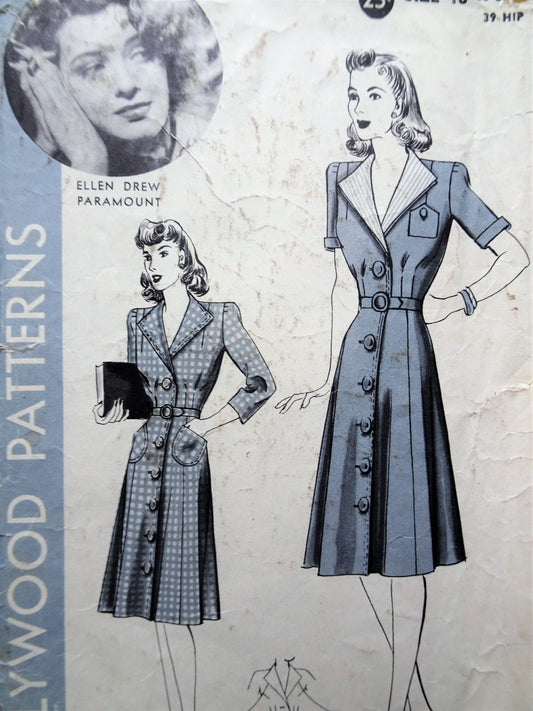 1940s FABULOUS Dress and Dickey Pattern HOLLYWOOD 726, Stylish Design Front Button Dress, Features Starlet Ellen Drew, Bust 36 Vintage Sewing Pattern