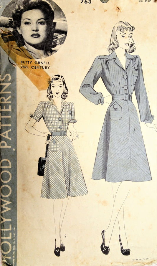 1940s BEAUTIFUL Tailored Dress Pattern HOLLYWOOD 763 Features Starlet BETTY GRABLE Bust 30 Vintage Sewing Pattern