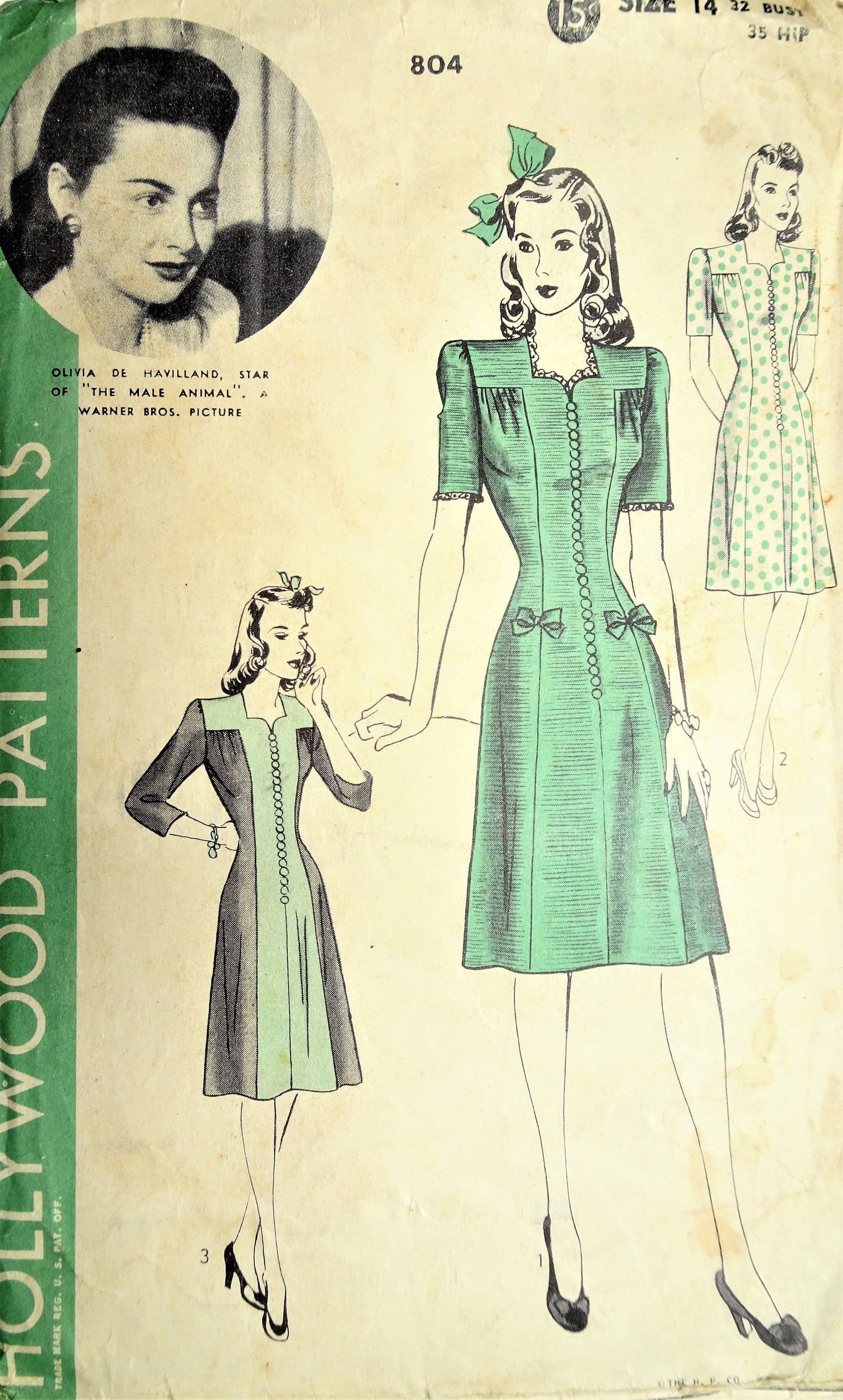 1940s STYLISH Dress Pattern HOLLYWOOD 804  Princesse Style Dress,Featuring Warner Bros Star OLIVIA De HAVILLAND Bust 32 Vintage Sewing Pattern