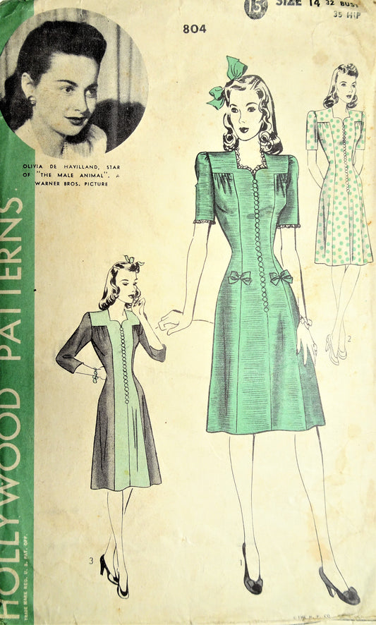 1940s STYLISH Dress Pattern HOLLYWOOD 804  Princesse Style Dress,Featuring Warner Bros Star OLIVIA De HAVILLAND Bust 32 Vintage Sewing Pattern