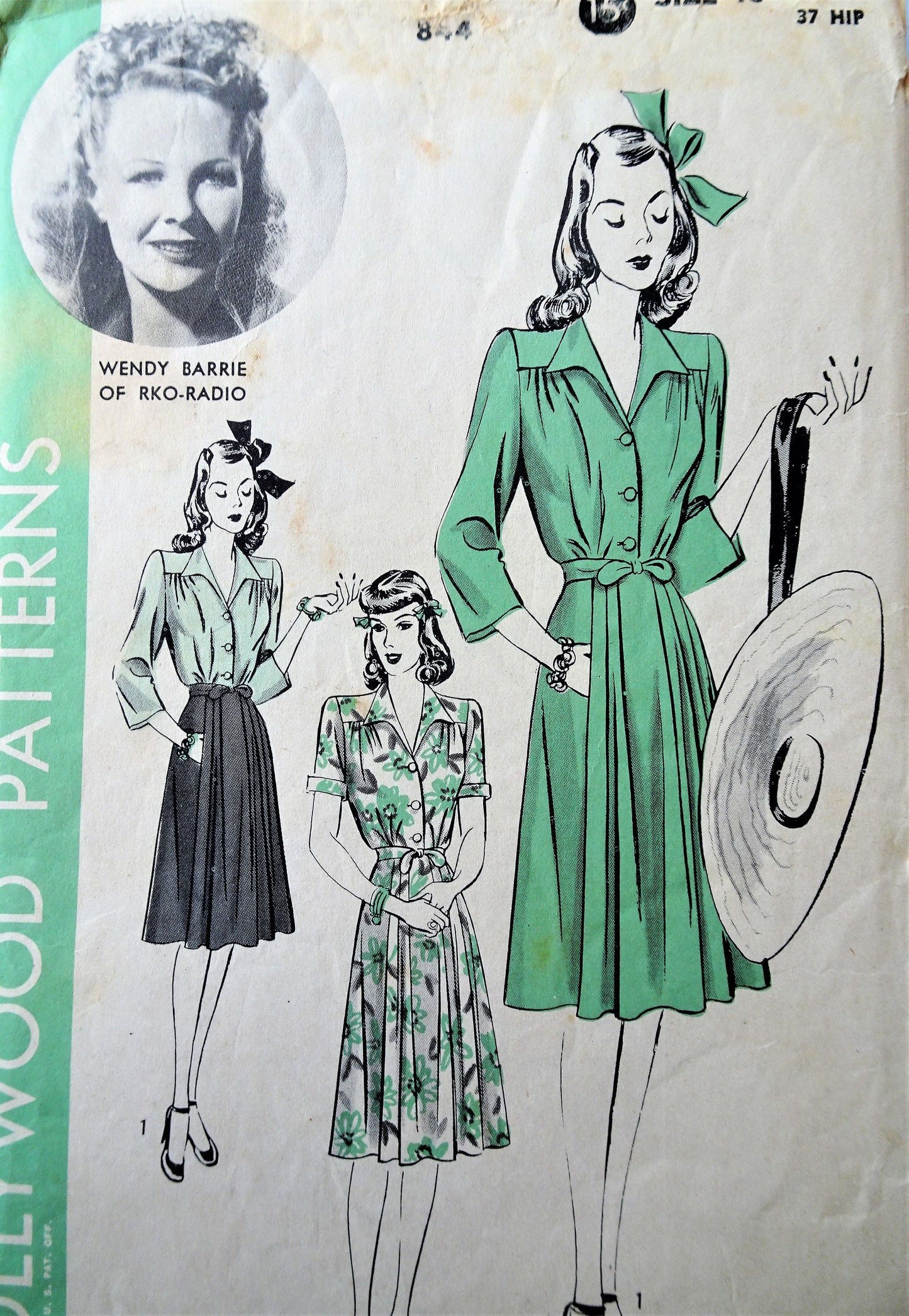 1940s STYLISH Dress Pattern HOLLYWOOD 844 Eye Catching Design Featuring Movie Star Wendy Barrie RKO Bust 34 Vintage Sewing Pattern