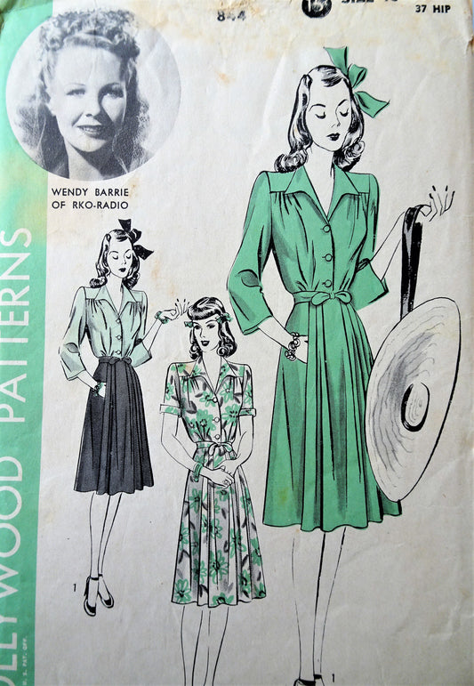 1940s STYLISH Dress Pattern HOLLYWOOD 844 Eye Catching Design Featuring Movie Star Wendy Barrie RKO Bust 34 Vintage Sewing Pattern