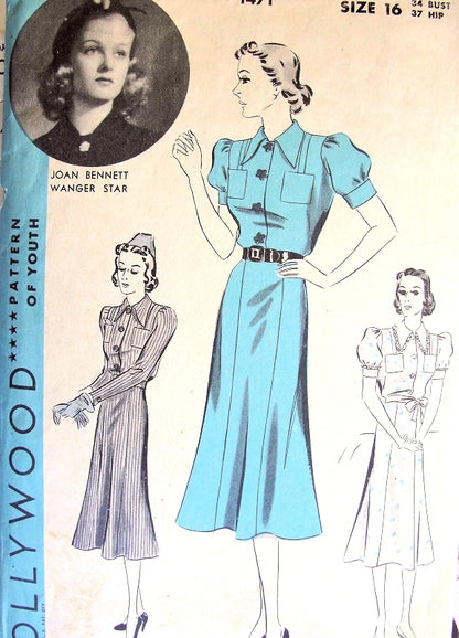 STYLISH Late1930s Frock Dress Pattern HOLLYWOOD Pattern 1471 Six Gore Skirt Dress Two sleeve styles Features Joan Bennett  Bust 34 Vintage Sewing Pattern
