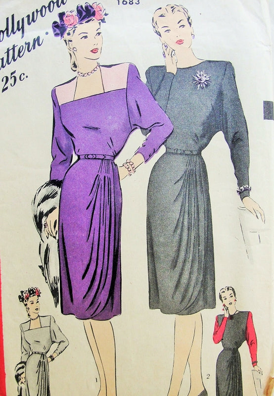 1940s Stunning Cocktail Dress Pattern Draped Overskirt Pleated Side, Square or Bateau Neckline Hollywood 1683 Vintage Sewing Pattern Very Adrian Design Bust 32 FACTORY FOLDED