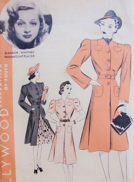 Late 1930s Coat Pattern Hollywood 1776 Collarless Coat With Flared Skirt Long or Short Sleeve Styles Very Film Noir Features Starlet Eleanor Whitney Bust 32 Vintage Sewing Pattern