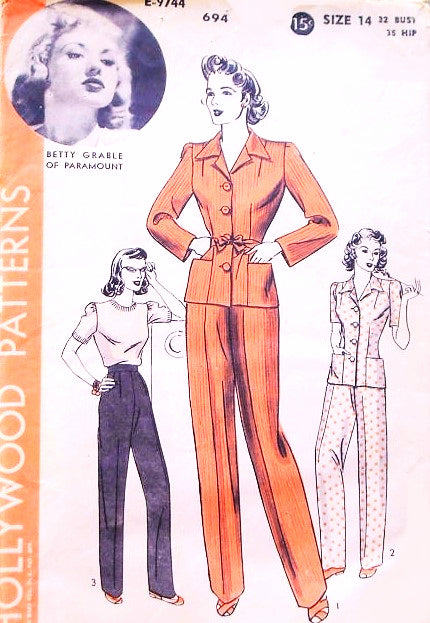 1940s Pants Suit Coveralls Pattern Hollywood 694 Featuring Betty Grable Sun Jumpsuit Overalls Pants and Jacket WW II Era Vintage Sewing Pattern