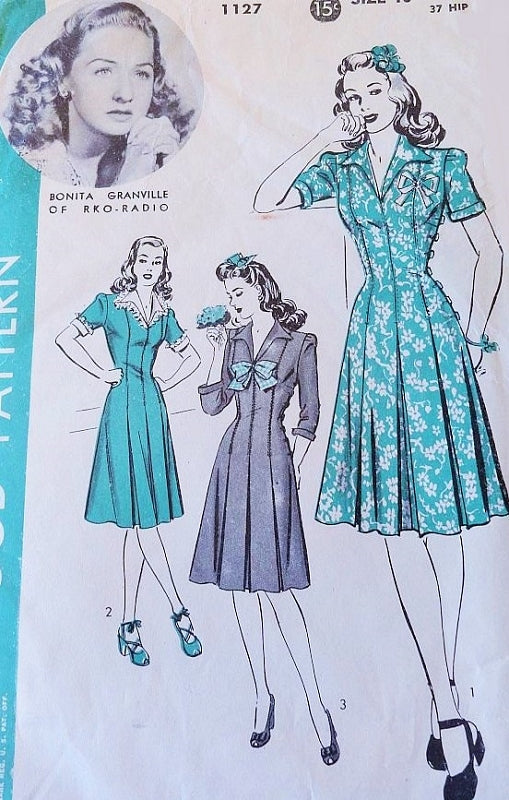 1940s  Princess Dress Pattern Hollywood 1127 Features Starlet Bonita Granville Cute Figure Flattering Dress Button Side Closing  Bust 34 Vintage Sewing Pattern