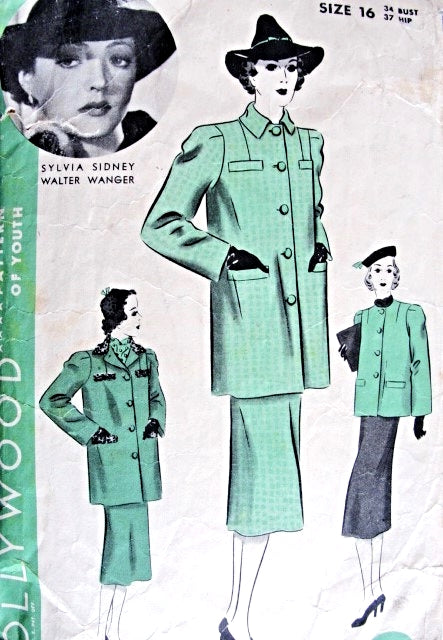 1930s  Suit Pattern Hollywood 1442 Featuring Sylvia Sidney Straight Coat and Skirt With Inverted Back Pleats Bust 34 Vintage Sewing Pattern