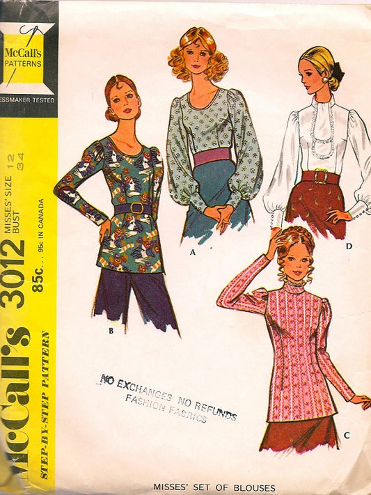 1970s Lovely Blouse Pattern McCALLS 3012  Scoop Neckline, Ascot Tied or Victorian High Ruffled Collar Bust 31 Vintage Sewing Pattern UNCUT