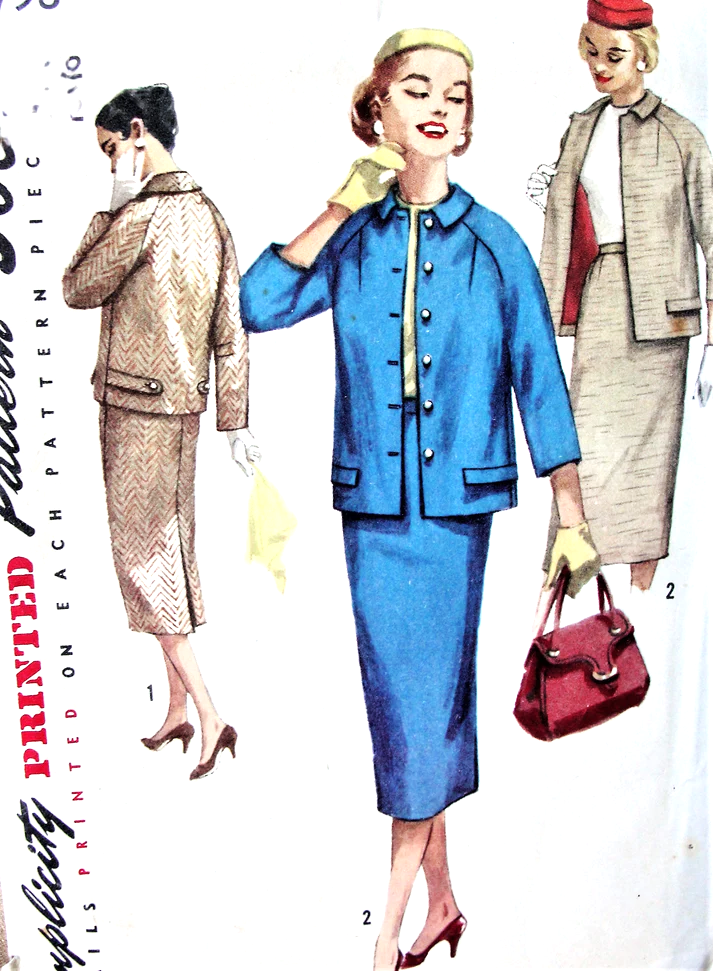 1950s STYLISH Suit Pattern SIMPLICITY 1798 Casual Raglan Sleeve Jacket and Slim Skirt Suit Bust 38 Vintage Sewing Pattern