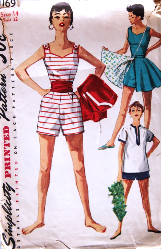 1950s FAB Beach Wear Swim Suit Pattern SIMPLICITY 1169 Playsuit, Short Full Skirt and Top Bust 32 Vintage Sewing Pattern