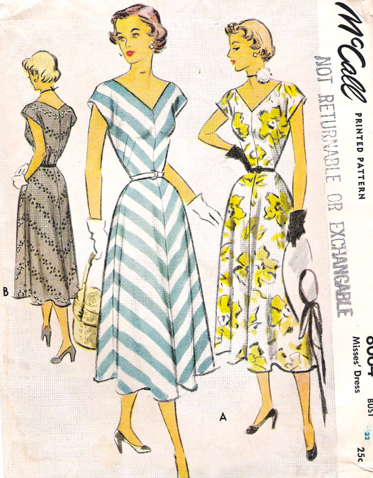1950s BEAUTIFUL Dress Pattern McCALL 8064 V Neckline Day or Party Dress, Bust 32 Vintage Sewing Pattern