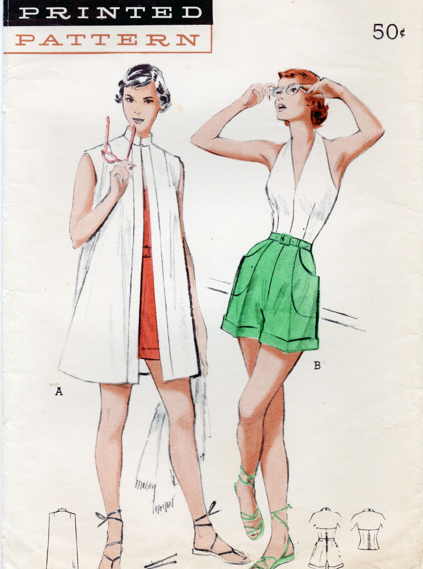 1950s FAB Beachwear Pattern BUTTERICK 5721 Halter Neck Top, High Waist Shorts, Beach Coat, Bust 32 Vintage Sewing Pattern