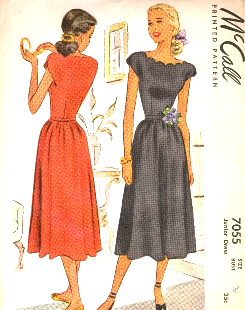 1940s PRETTY Day or Party Dress Pattern McCALL 7055 Flattering Scalloped Neckline Bust 35 Vintage Sewing Pattern