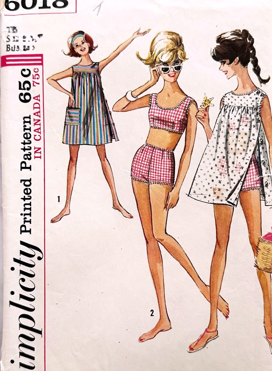 1960s CUTE Mod Beachwear Pattern SIMPLICITY 6018 Two Pc Bathing Suit and Coverup Dress Bust 32 Vintage Sewing Pattern