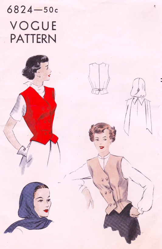 1950 FABULOUS Waistcoat Vest and Hood Pattern VOGUE 6824 Size 16 Bust 34 Vintage Sewing Pattern