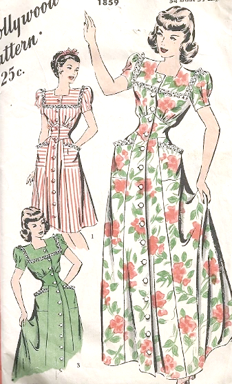 1940s PRETTY House Dress or Housecoat Pattern HOLLYWOOD 1859 Bust 30 Vintage Sewing Pattern
