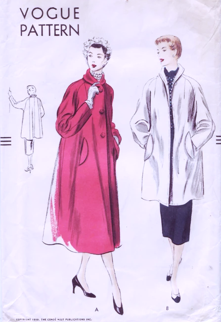 CLASSIC 1950s Coat Pattern VOGUE 7052 Bust 30-32 Long or Three Quarter Length Flared Back Coat Vintage Sewing Pattern