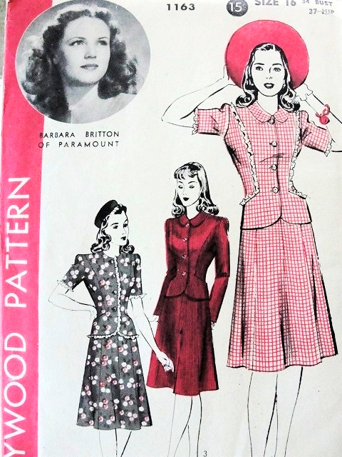 1940s CUTE 2pc Dress or Suit Pattern HOLLYWOOD 1163 Featuring Starlet Barbara Britton Mid 40s Fitted Jacket, Flared Skirt 3 Style Versions Bust 34 Vintage Sewing Pattern