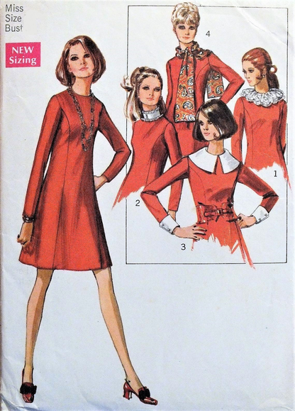 1960s FLATTERING Princess Seam Dress Pattern SIMPLICITY 8391 Scarf Detachable Collar Cuffs Bust 34 Vintage Sewing Pattern UNCUT