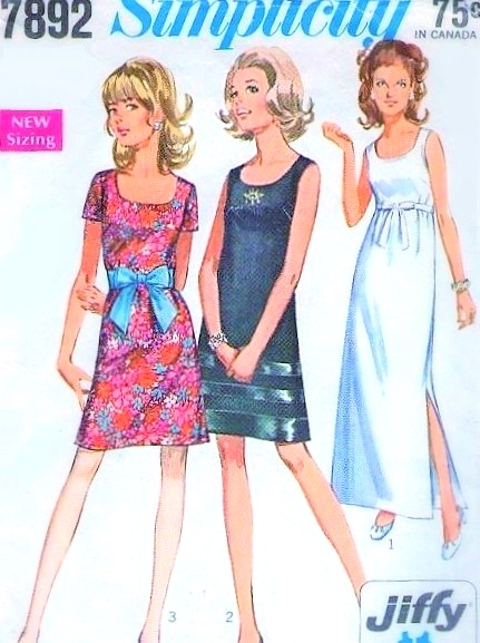 CUTE 60s Mod Dress Pattern Simplicity 7892 Cocktail Party Dress,3 Styles, Mini or Evening, Bust 32 Vintage Sewing Pattern FF