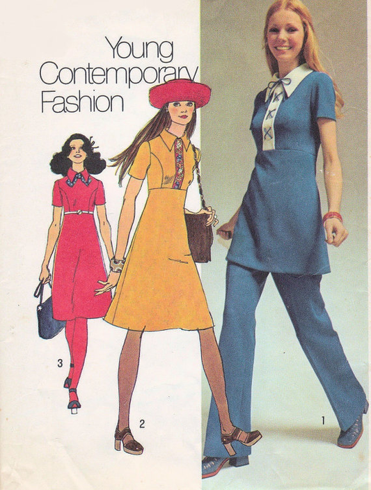 70s Simplicity 9502 Vintage Sewing Pattern Cute Empire Mini Dress or Tunic or Regular Length and Pants Size 10 FF