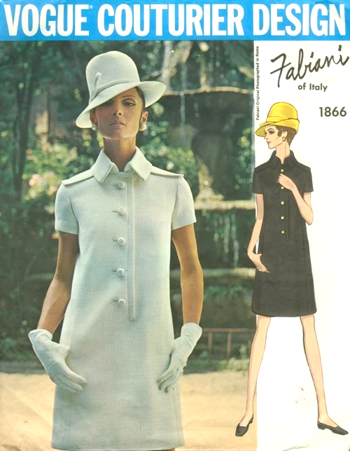 60s FABIANI Slim Dress Pattern VOGUE COUTURIER Design 1866 Front Button Epaulettes, Stand Up Collar Bust 32 Vintage Sewing Pattern