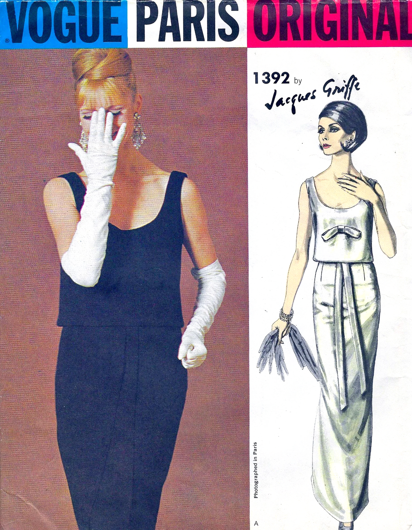 1960s GRIFFE Evening Gown Party Dress Pattern VOGUE Paris Original 1392 Lovely Slim Dress,Shaped Overblouse, Bust 36 Vintage Sewing Pattern