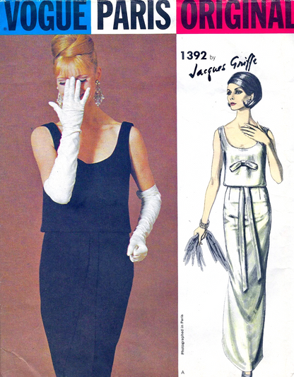 1960s GRIFFE Evening Gown Party Dress Pattern VOGUE Paris Original 1392 Lovely Slim Dress,Shaped Overblouse, Bust 36 Vintage Sewing Pattern