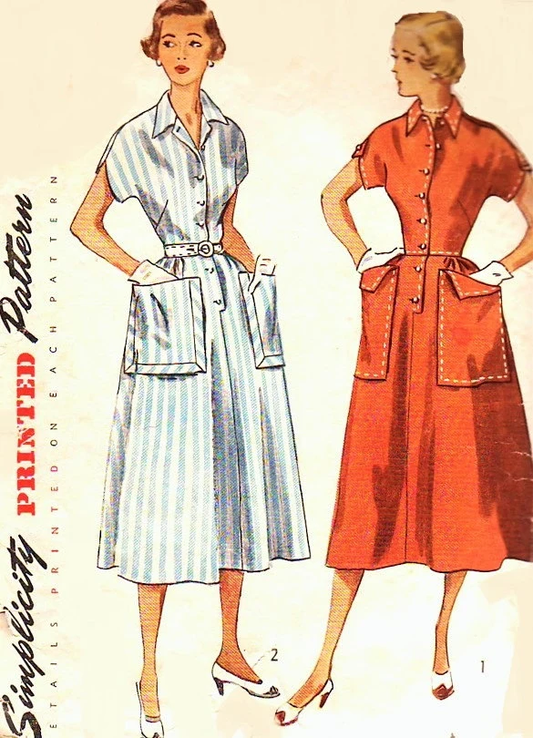 1950s Large Pockets Dress Pattern SIMPLICITY 3289  Kimono Sleeves, Tailored Details, Bust 34 ,Vintage Sewing Pattern