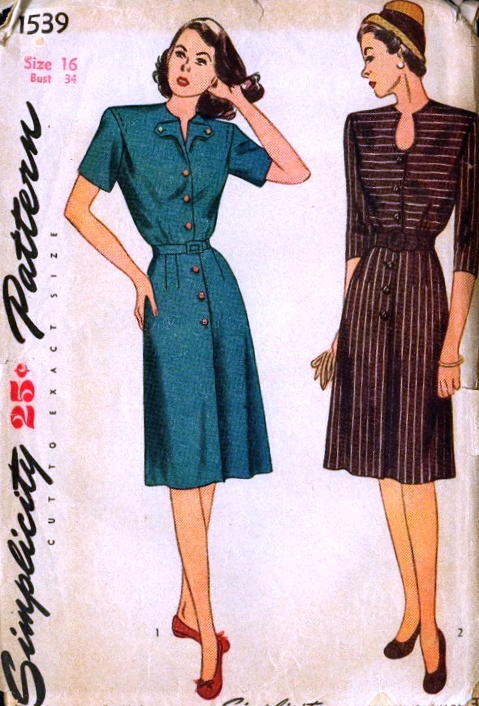 1940s FILM NOIR Style Dress Pattern SIMPLICITY 1539 Two Unique Necklines, Bust 34 Vintage Sewing Pattern FF